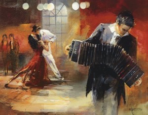 dipinto con ballerini e suonatori di tango